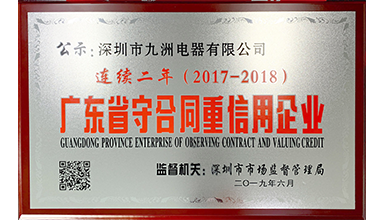 深圳九洲電器連續(xù)兩年榮獲 &ldquo;廣東省守合同重信用&rdquo;榮譽(yù)稱號(hào)